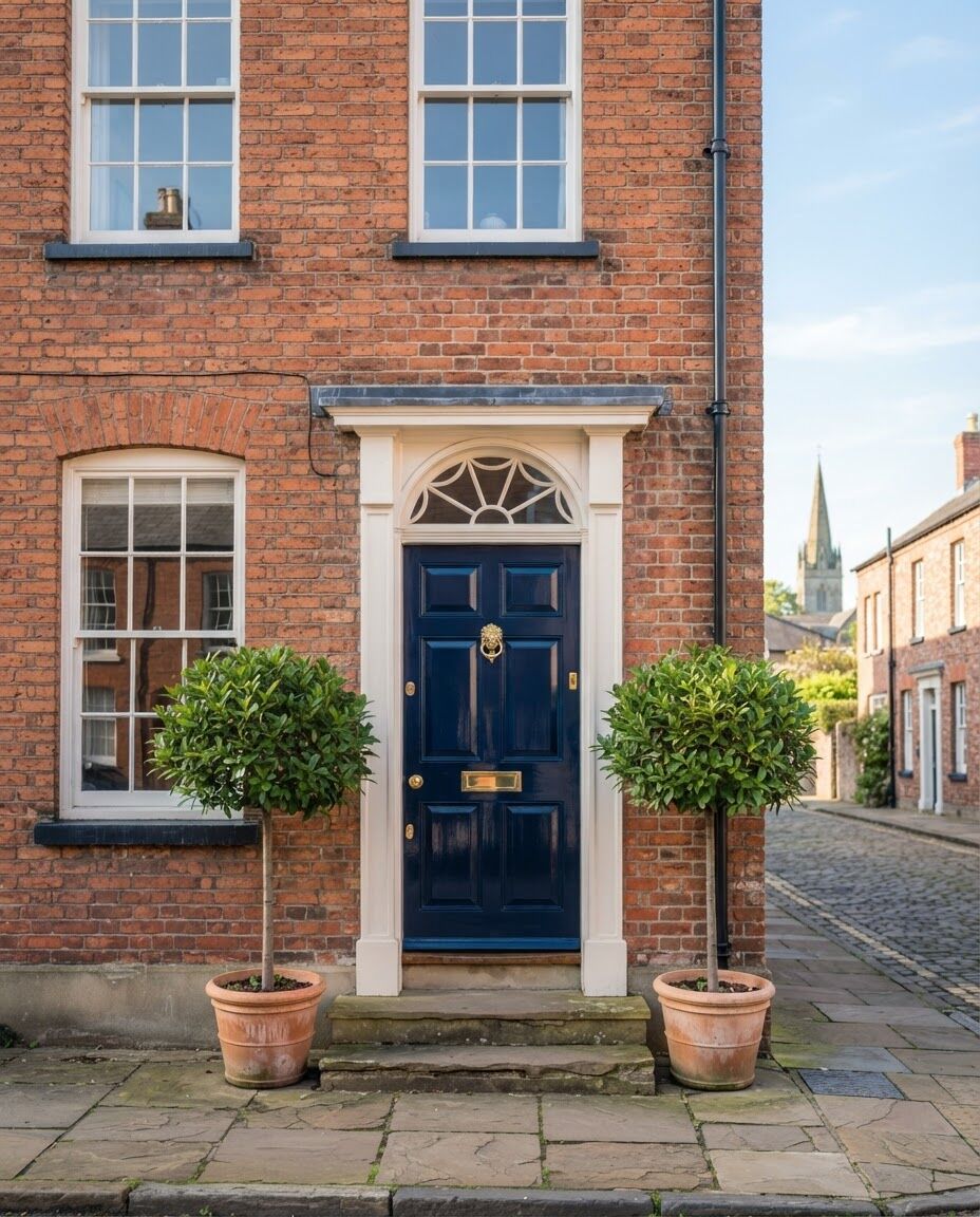 A navy front door on a red-brick Georgian townhouse