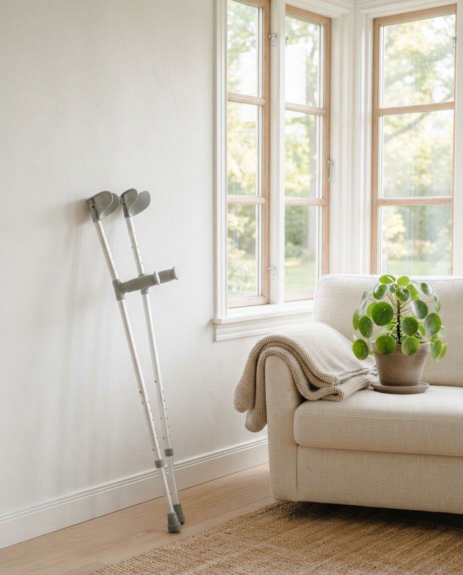 Crutches leaning against a white wall by a sunny window