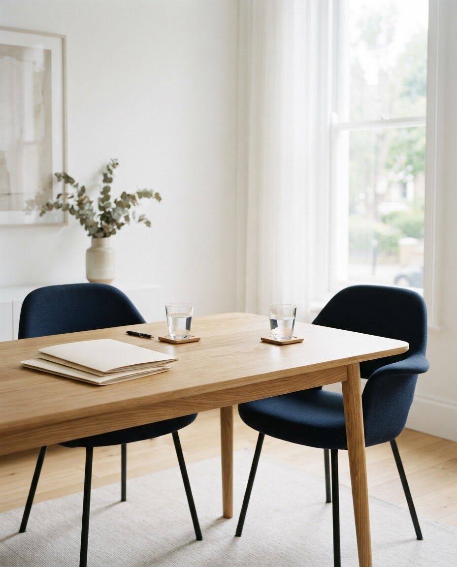 A bright meeting room with two navy chairs at an oak table
