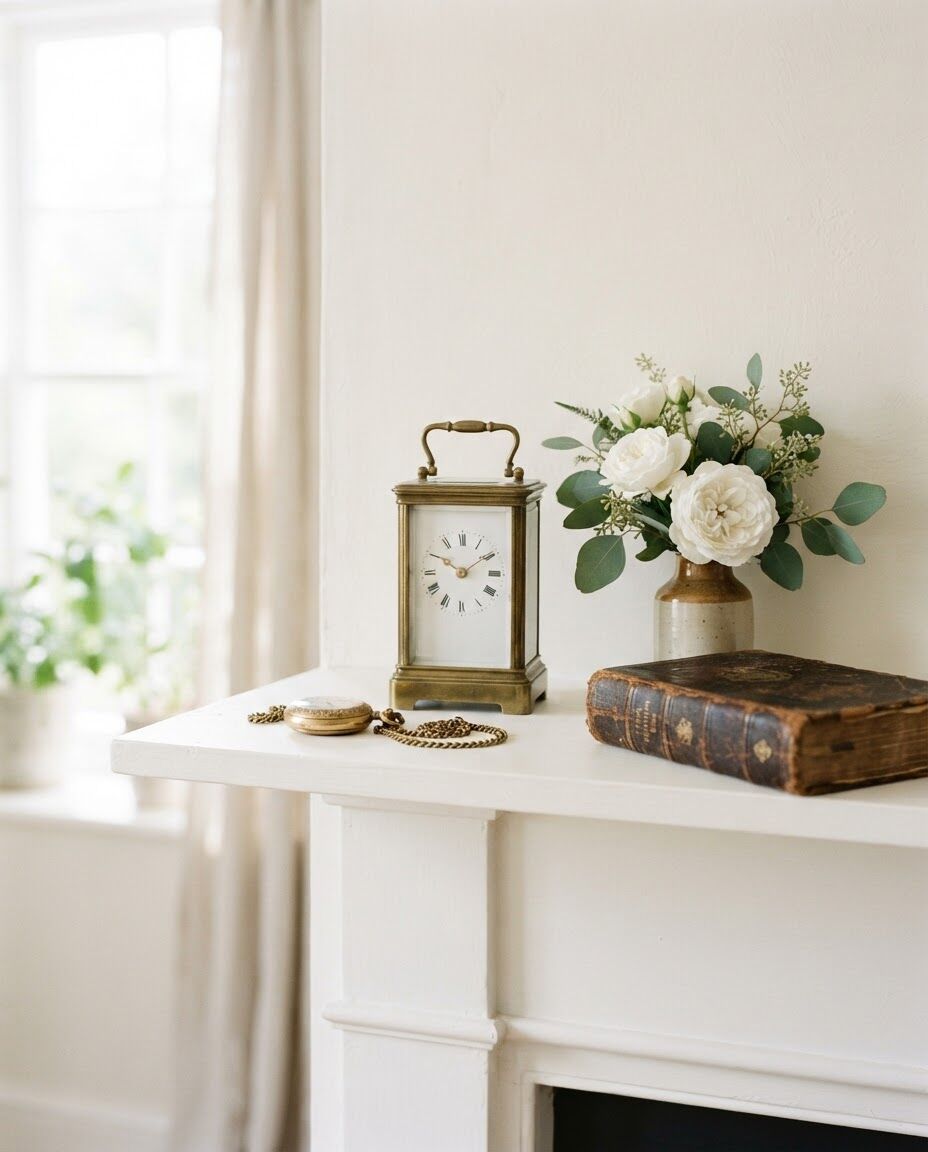 A carriage clock, pocket watch and white roses on a sunlit mantelpiece